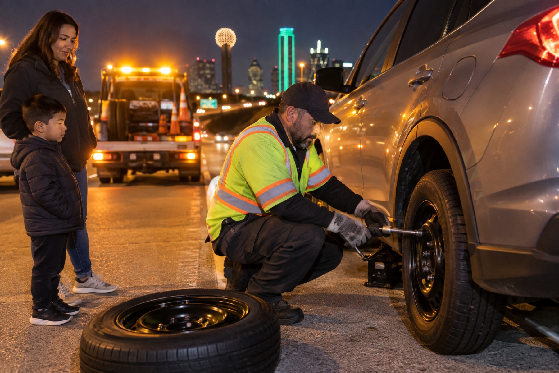 Mock photo: spare tire installation